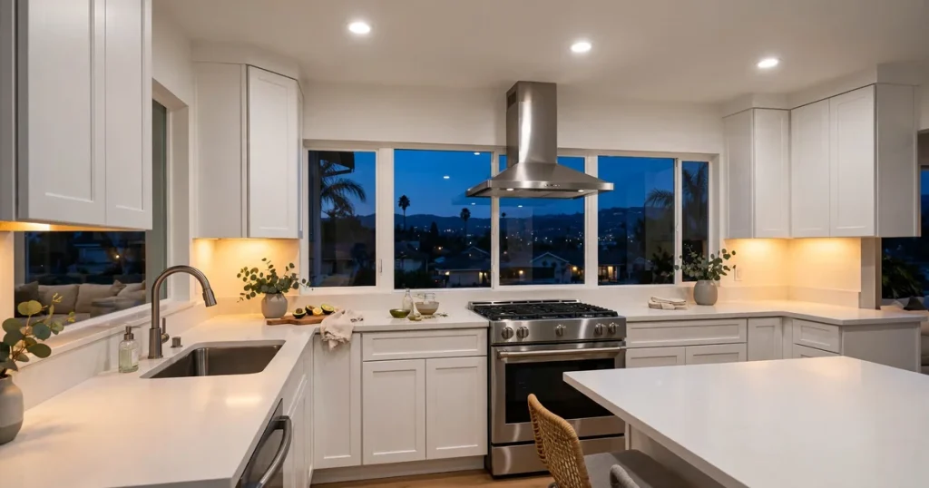 Kitchen task and ambient lighting layers in a modern San Jose kitchen remodel