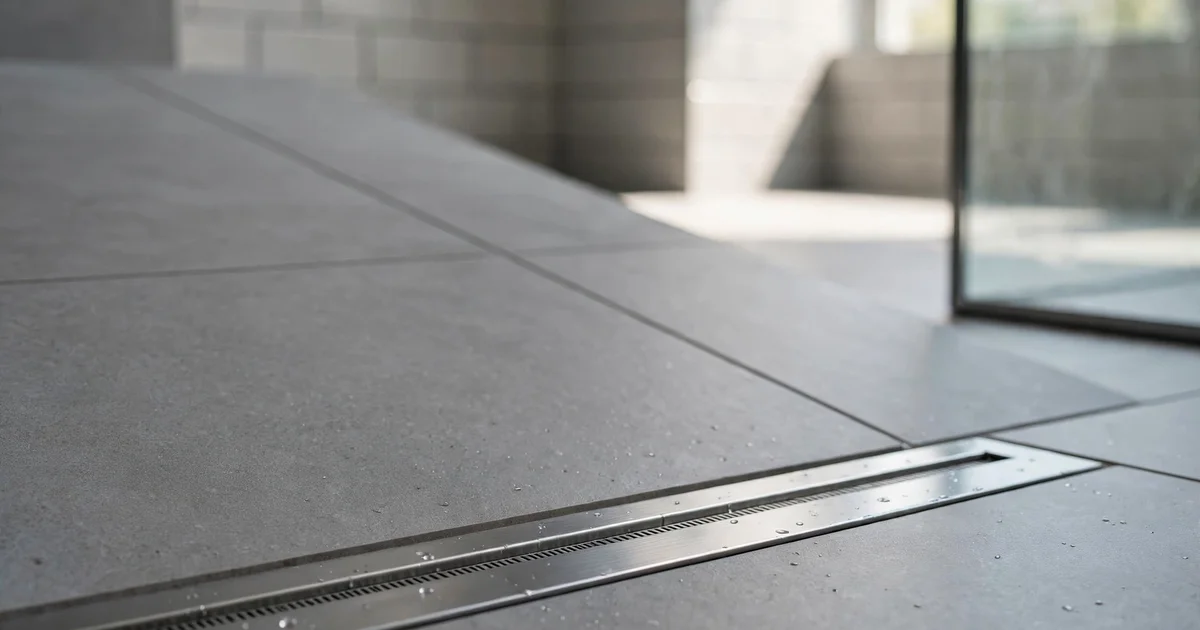 Linear drain detail in a curbless shower remodel in San Jose