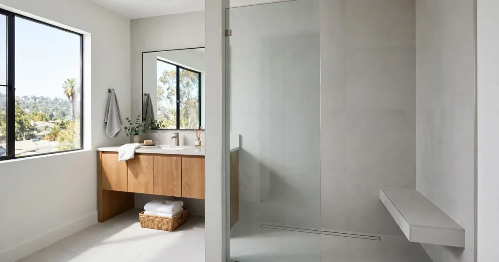 Curbless walk-in shower in a modern San Jose bathroom remodel