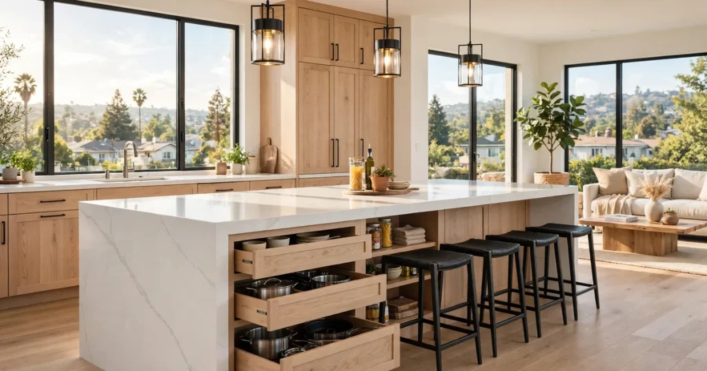 Kitchen island with seating and storage in a modern San Jose kitchen remodel
