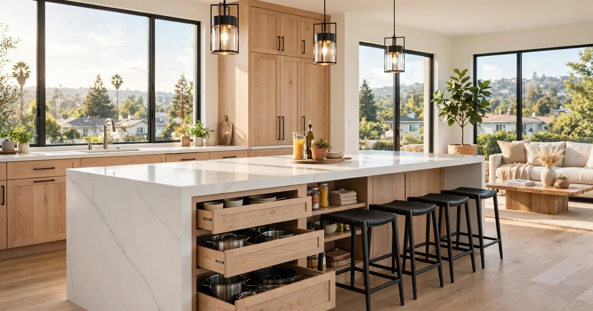 Kitchen island with seating and storage in a modern San Jose kitchen remodel
