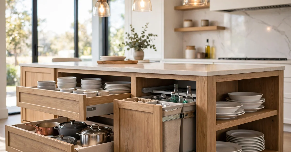 Open storage drawers inside a kitchen island remodel in San Jose