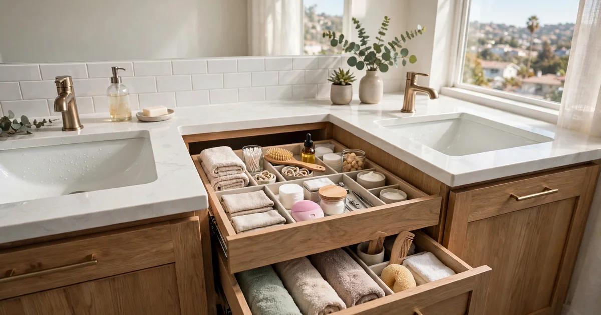 Vanity drawer storage between two sinks in a San Jose bathroom remodel