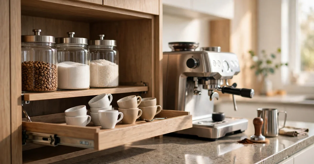Built-in coffee station pull-out storage in a San Jose kitchen remodel