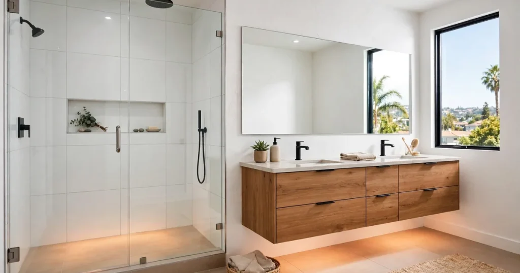 Heated bathroom floor with warm radiant tile in a San Jose bathroom remodel