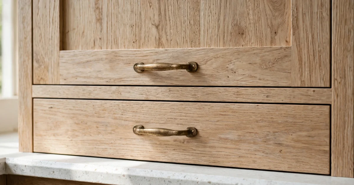Close-up detail of white oak kitchen cabinet grain and brass hardware in San Jose