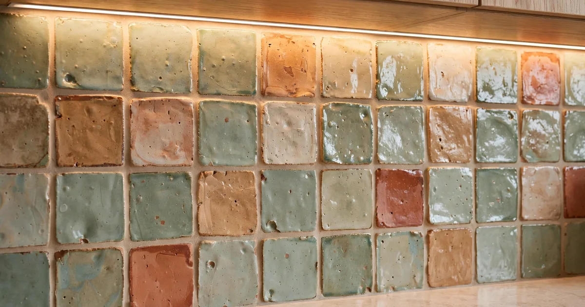 Close-up detail of a handmade tile kitchen backsplash in San Jose