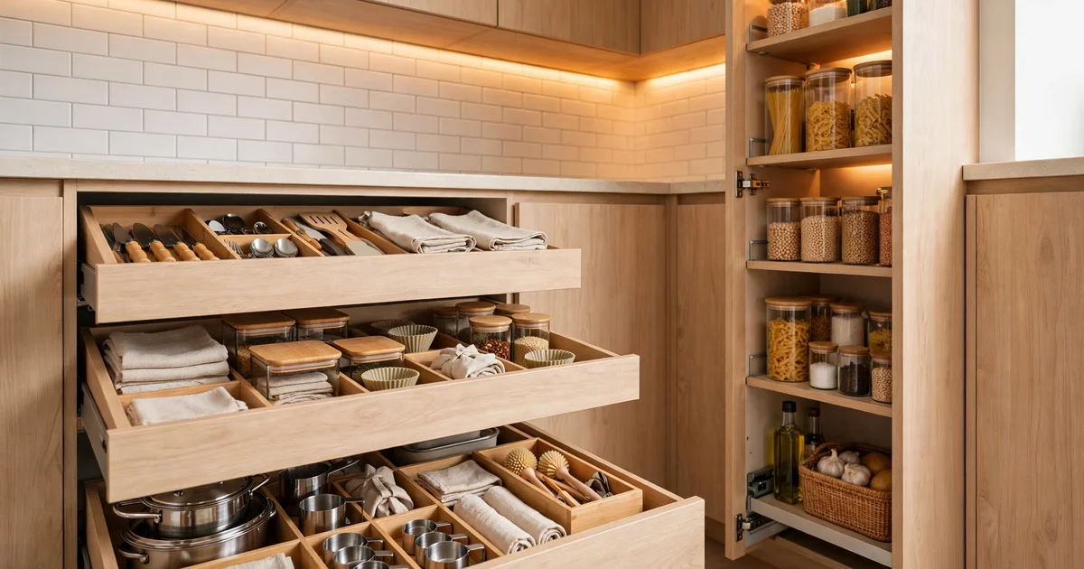 Drawer bases and pull-out pantry detail for a small kitchen remodel in San Jose