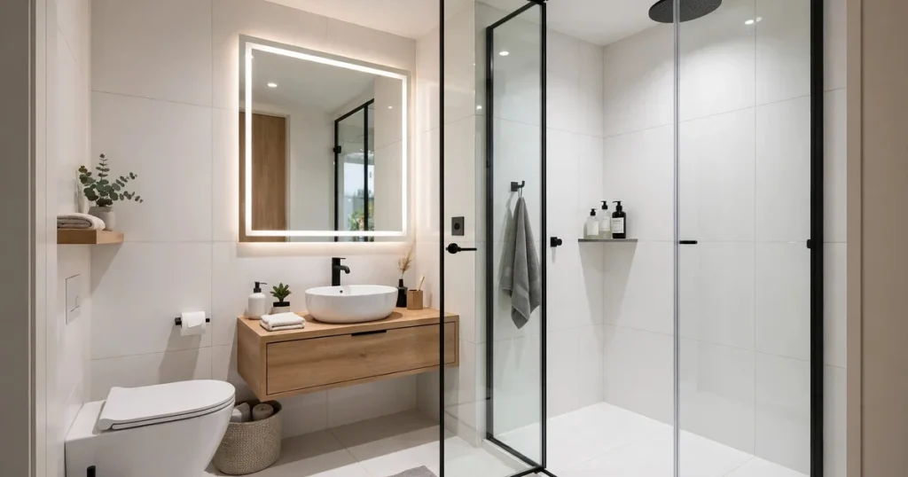 Small modern bathroom layout with walk-in shower in San Jose